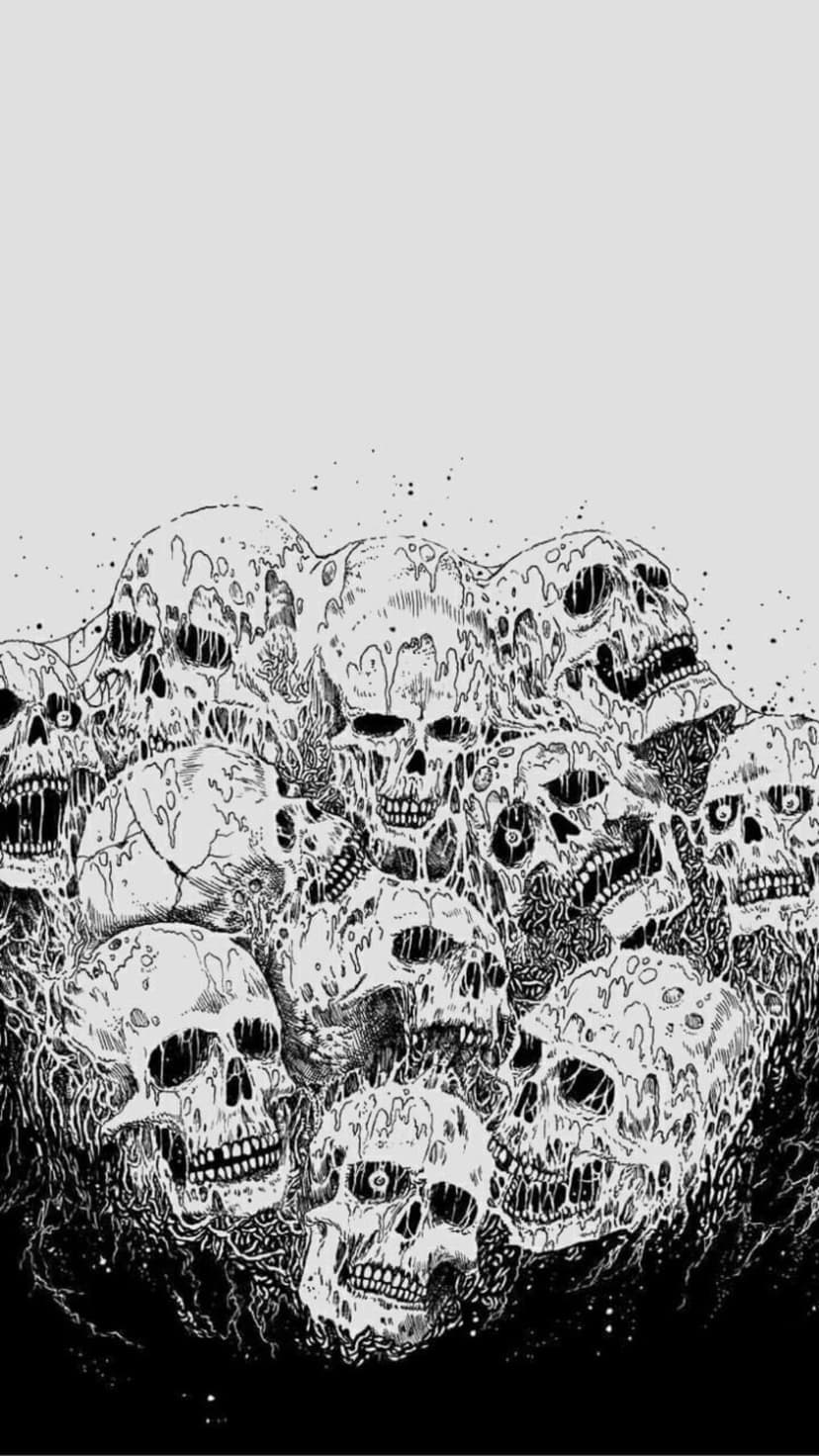 Melting human skulls with hollow eye sockets and bared teeth form a distorted pile against a dark textured backdrop.