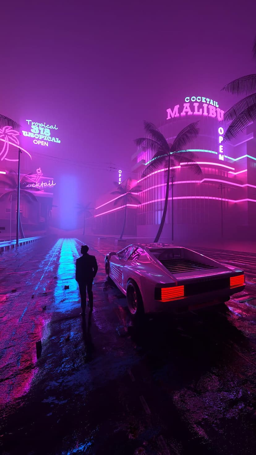 Man walking past a vintage sports car on a rainy street illuminated by purple and pink neon city lights.