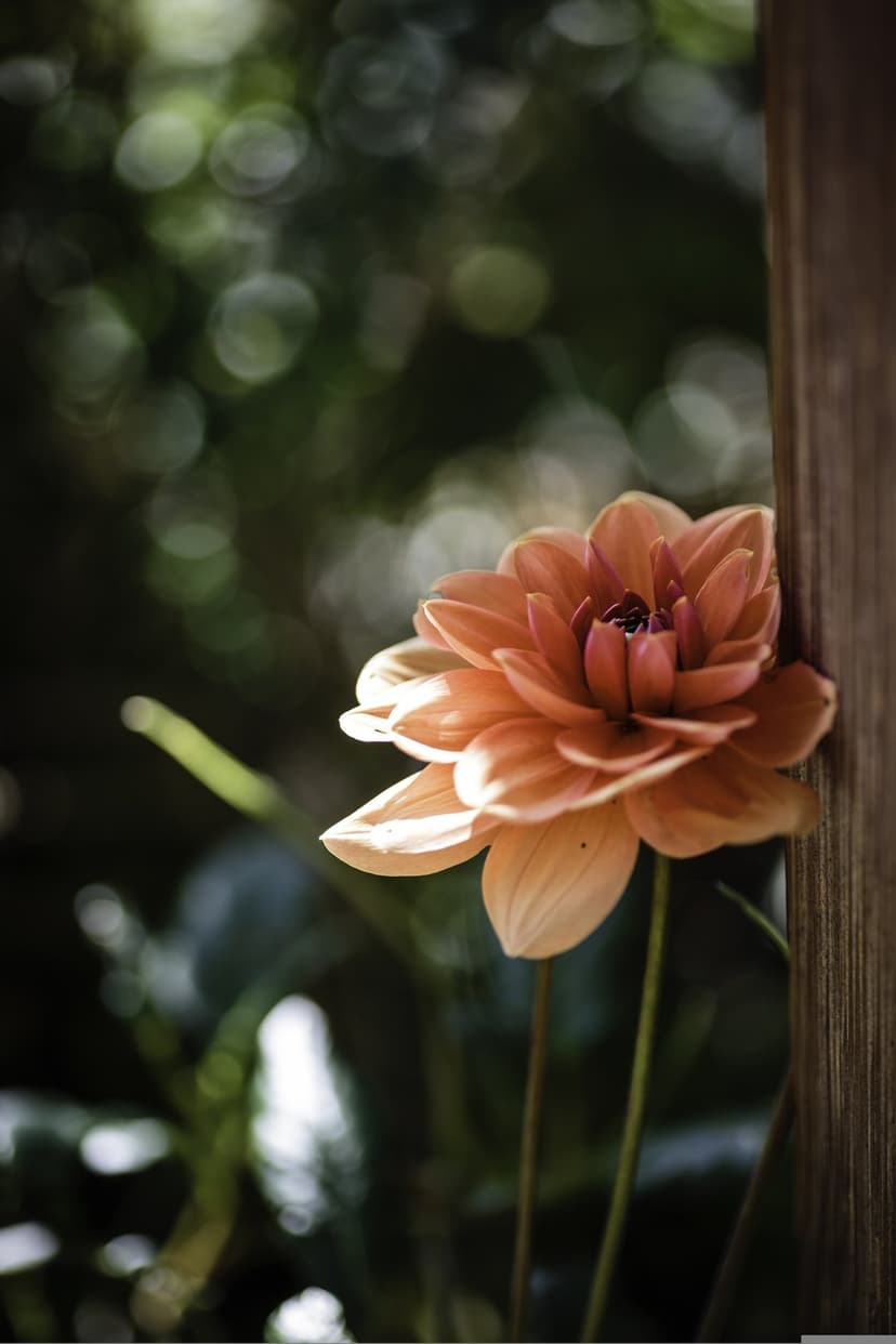 Peach dahlia petals glow next to a weathered wood plank with a soft-focus background of green summer foliage.