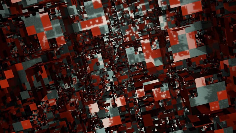 Interlocking red and teal cubes stacked in a dense 3D grid with dramatic lighting and deep shadows.