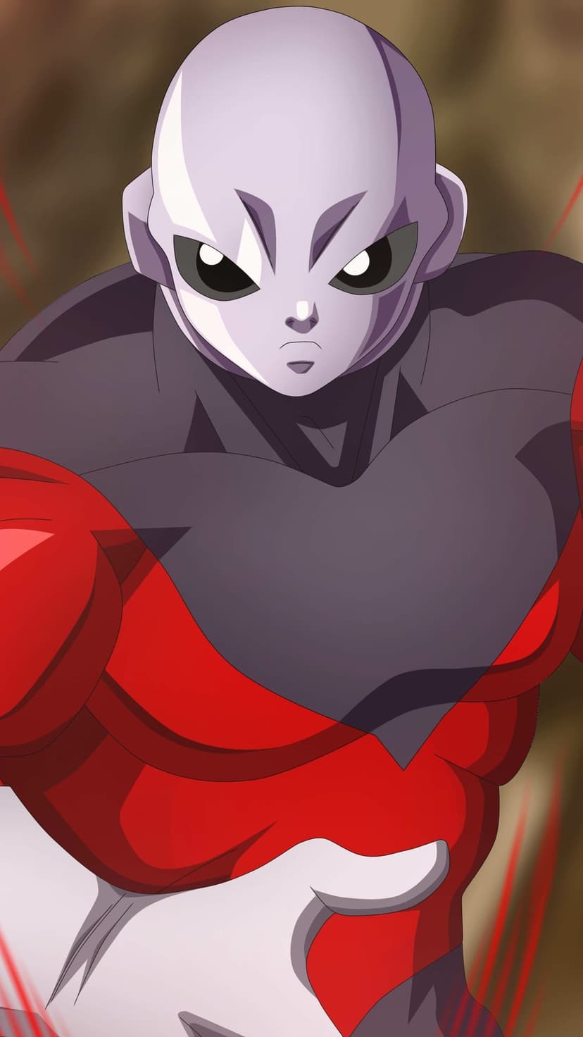 Jiren gazes forward with black eyes while wearing a red and black uniform against a faint crimson energy aura.