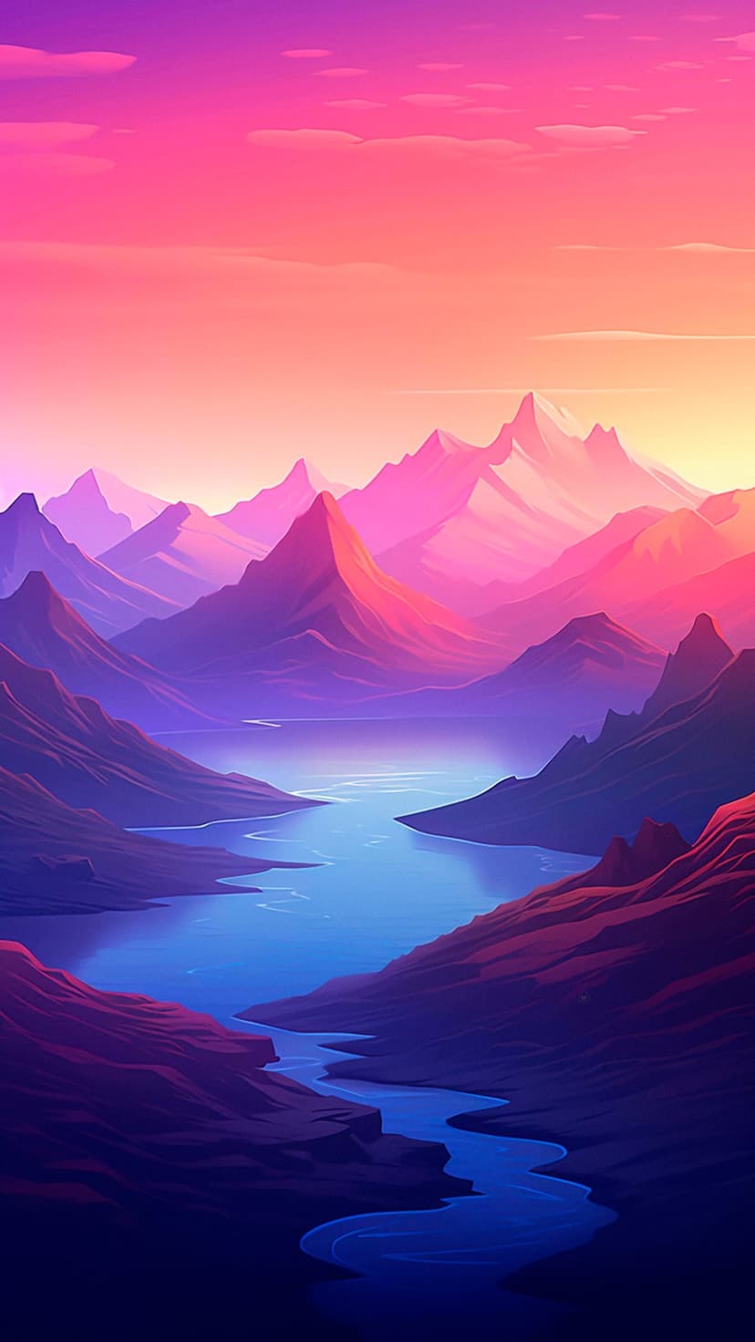 Violet mountain peaks and a winding river reflect a pink and gold gradient sky in this vertical scenic view.