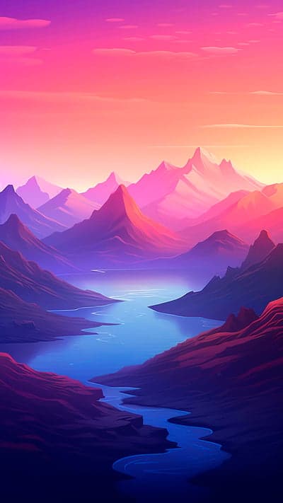 Vibrant Mountain Landscape with Winding River at Sunset