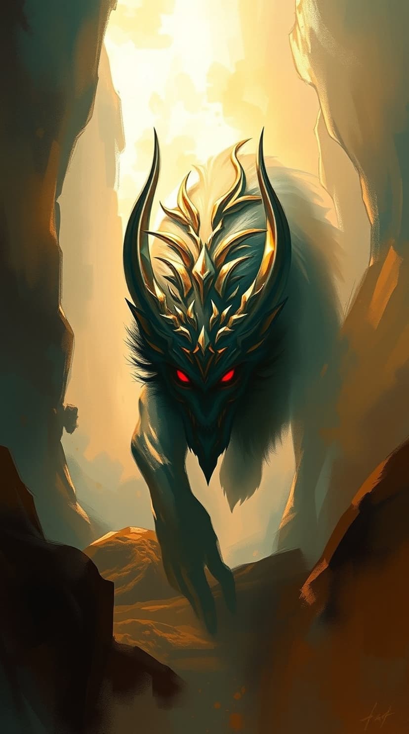White-furred dragon with golden horns and glowing red eyes emerges from a shadowy rocky canyon into sunlight.