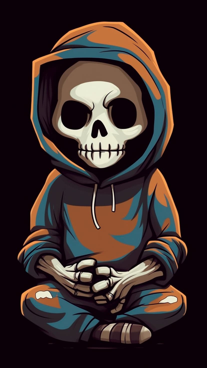 Skeleton wearing a teal and orange hoodie meditates with clasped hands in a calm, dark, stylized atmosphere.