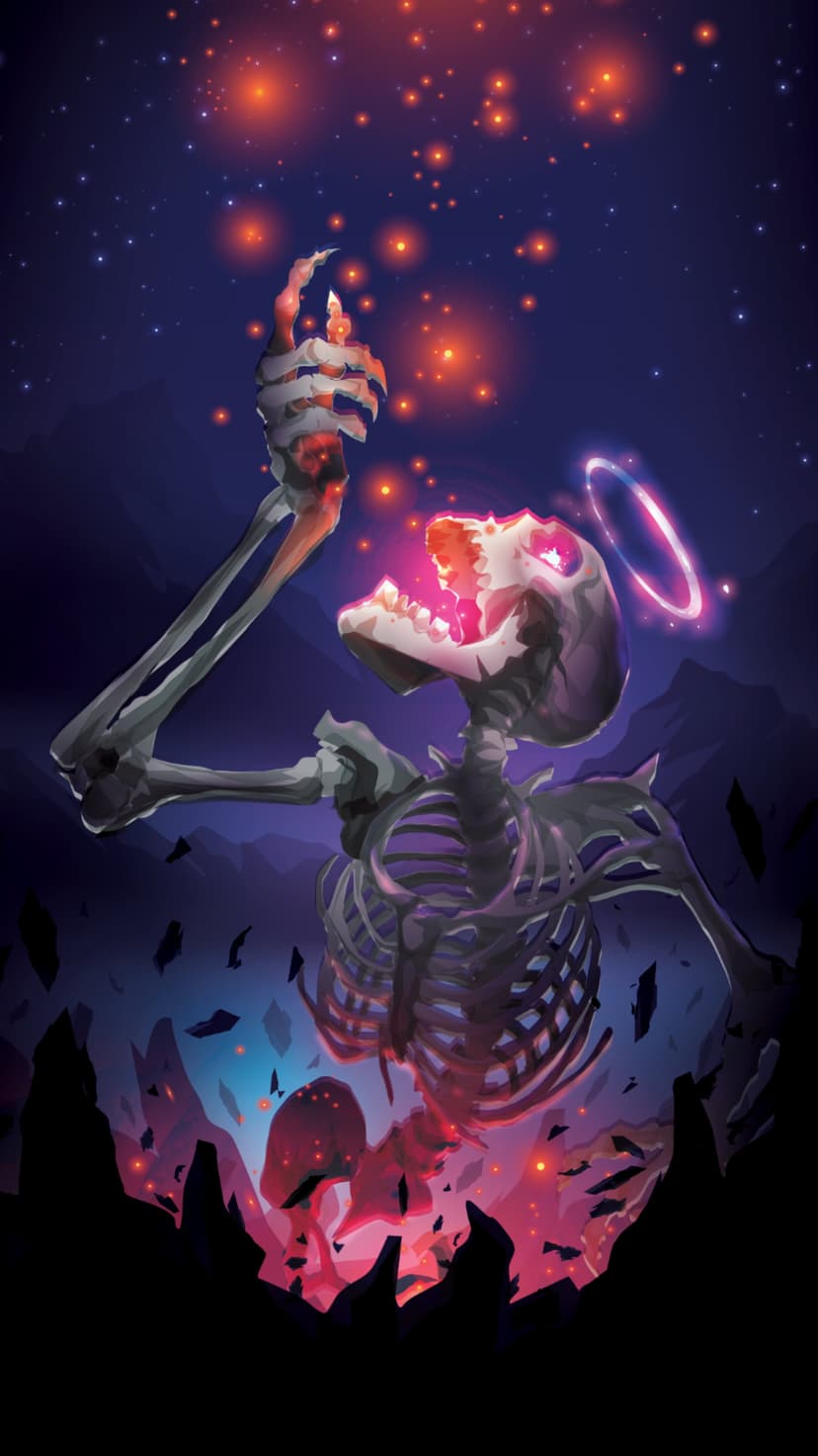 Skeleton with a pink glowing halo reaching toward a starry sky filled with orange embers and rock fragments.