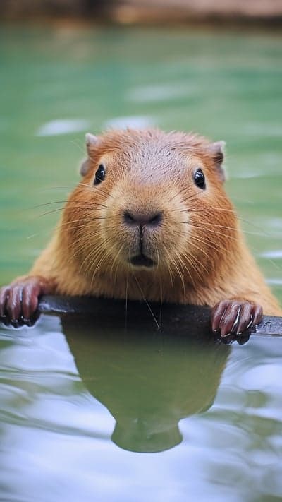 Cute Capybara Peeking Out of Water, Resting on Log