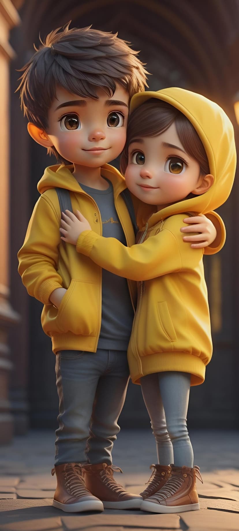 Boy and girl with brown hair hug while wearing bright yellow hoodies, grey clothing, and brown sneakers.