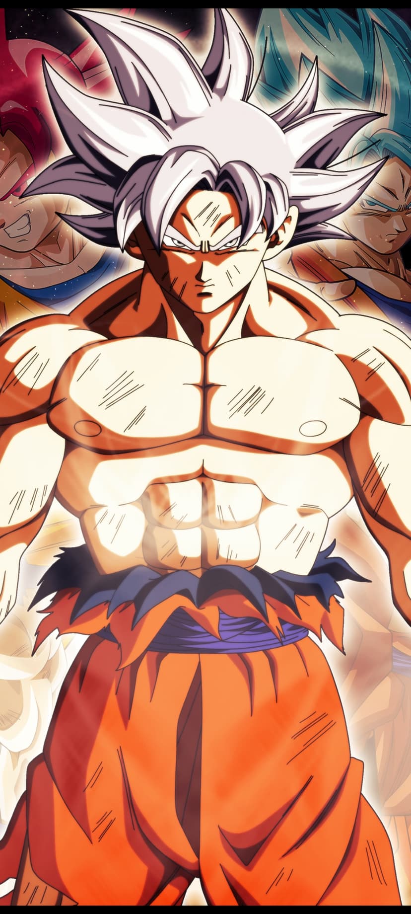 Goku with silver hair and glowing blue aura stands poised in Ultra Instinct form against a dark background.