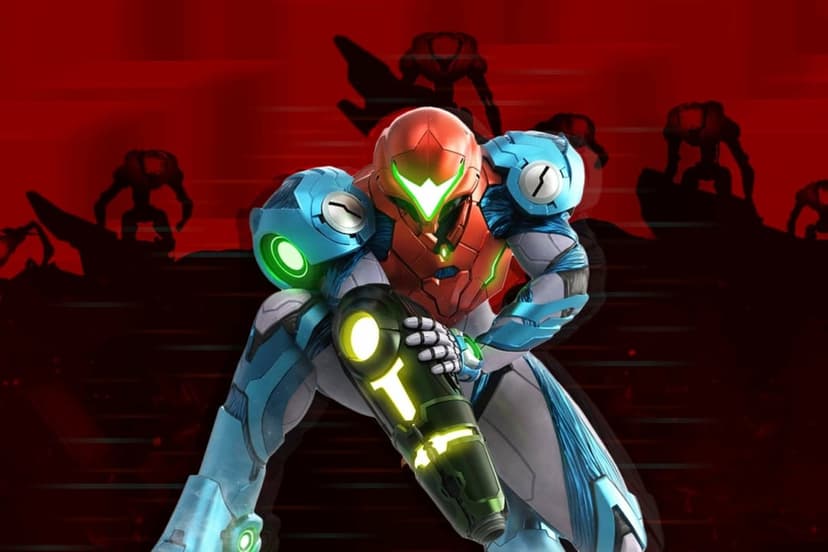 Samus Aran in blue armor crouches with a glowing arm cannon against a red background with robot silhouettes.