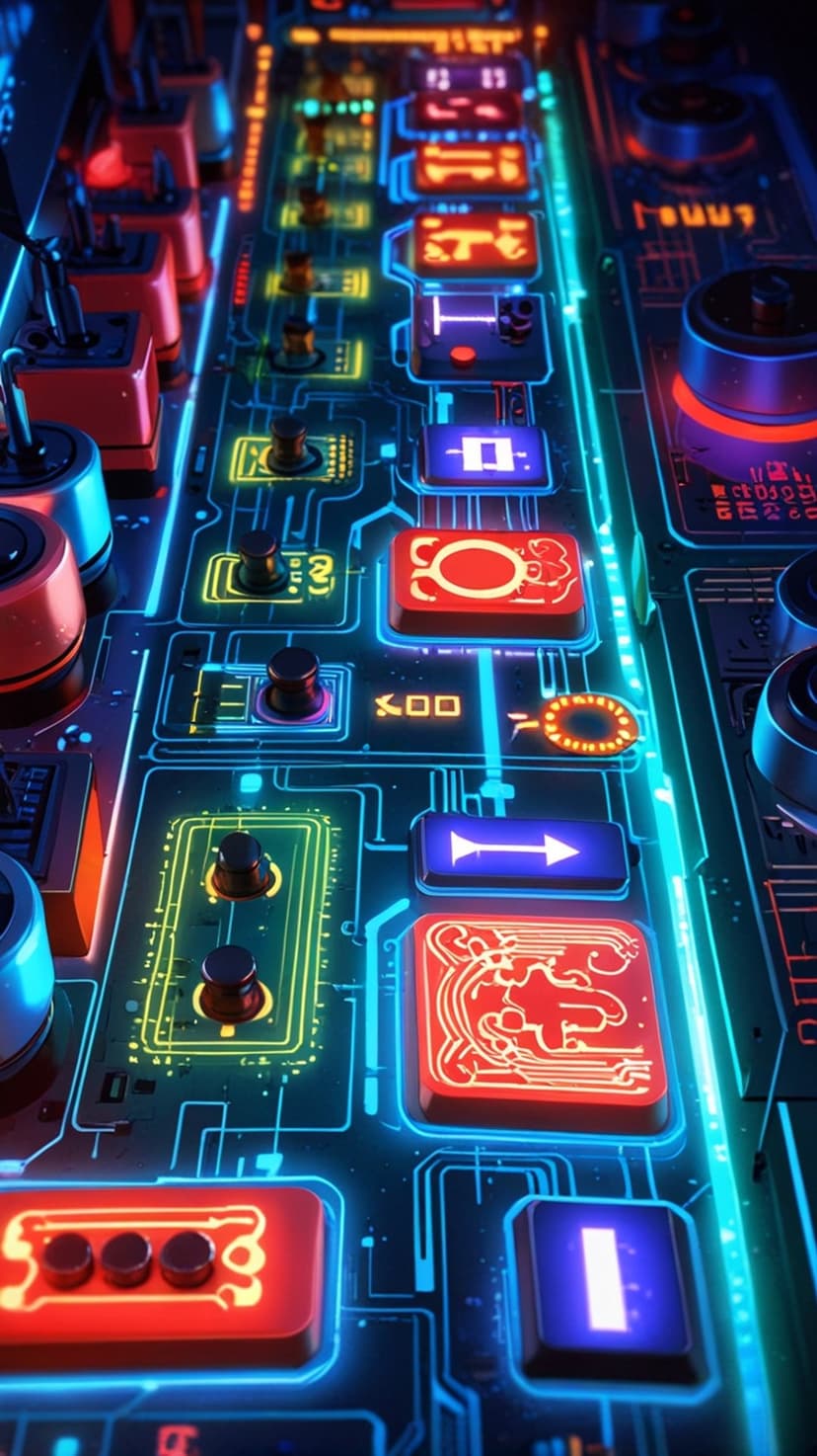 Neon blue and red circuit pathways intersect around glowing buttons with crystalline symbols and digital readouts.