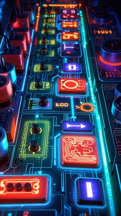 Futuristic Circuit Board with Neon Lights and Buttons