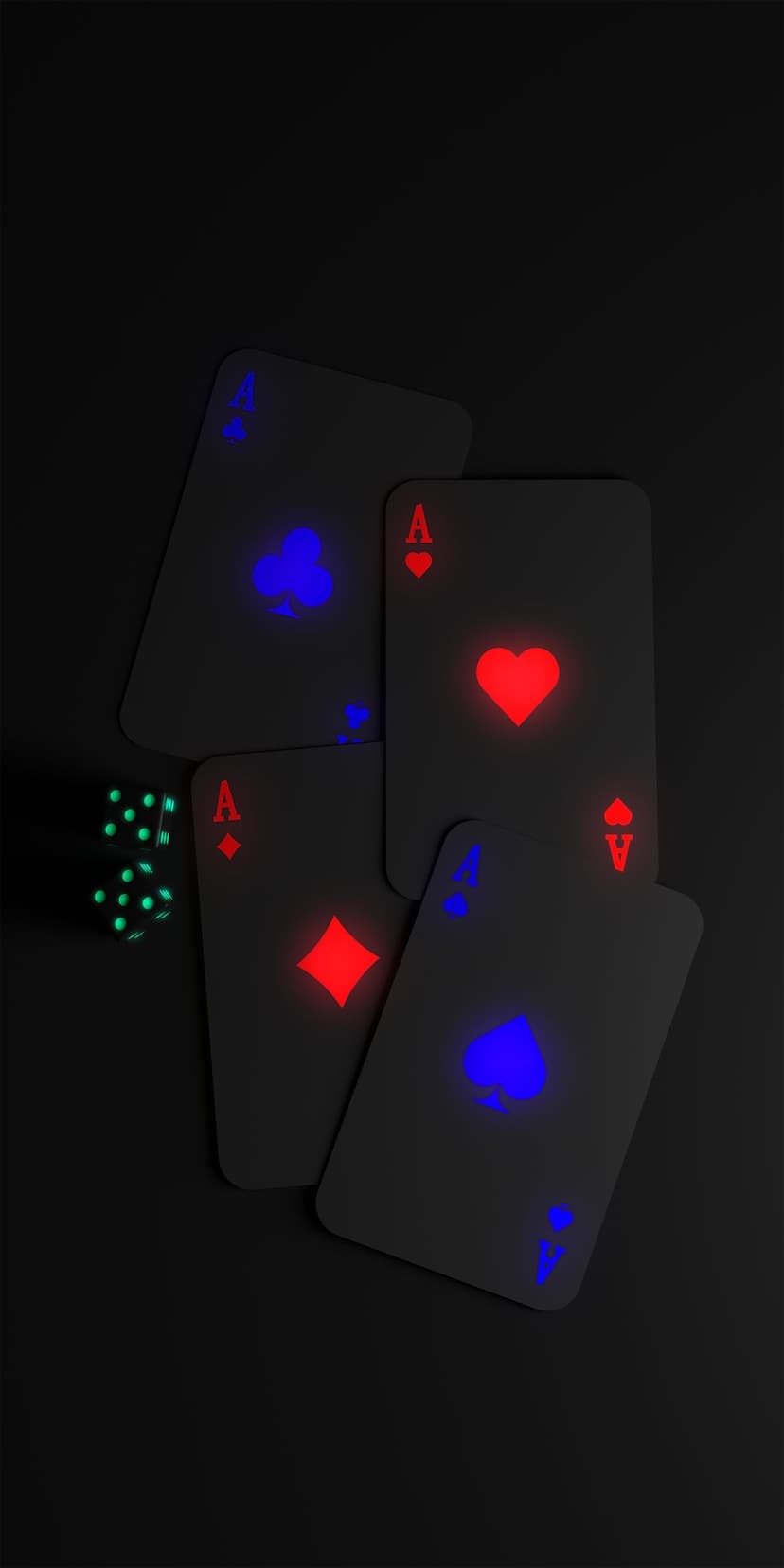 Four glowing neon ace playing cards and two green dice emit a vibrant light against a dark, solid background.
