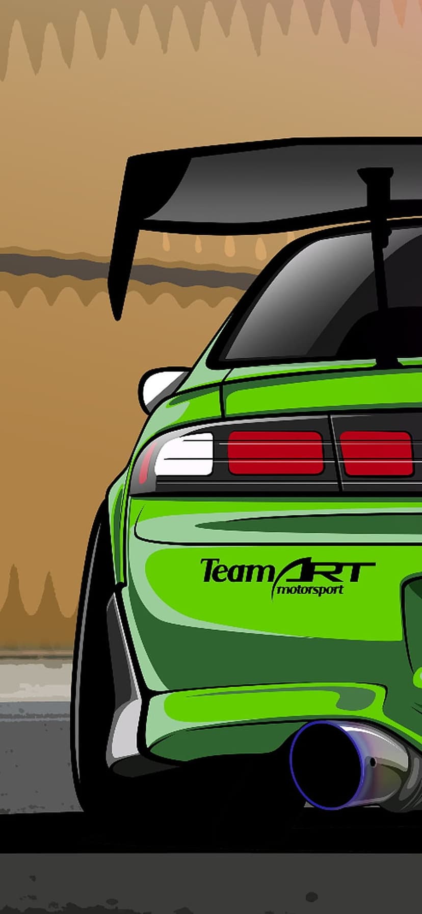 Green tuner car rear view featuring a large black spoiler, wide fenders, and a colorful titanium exhaust pipe.