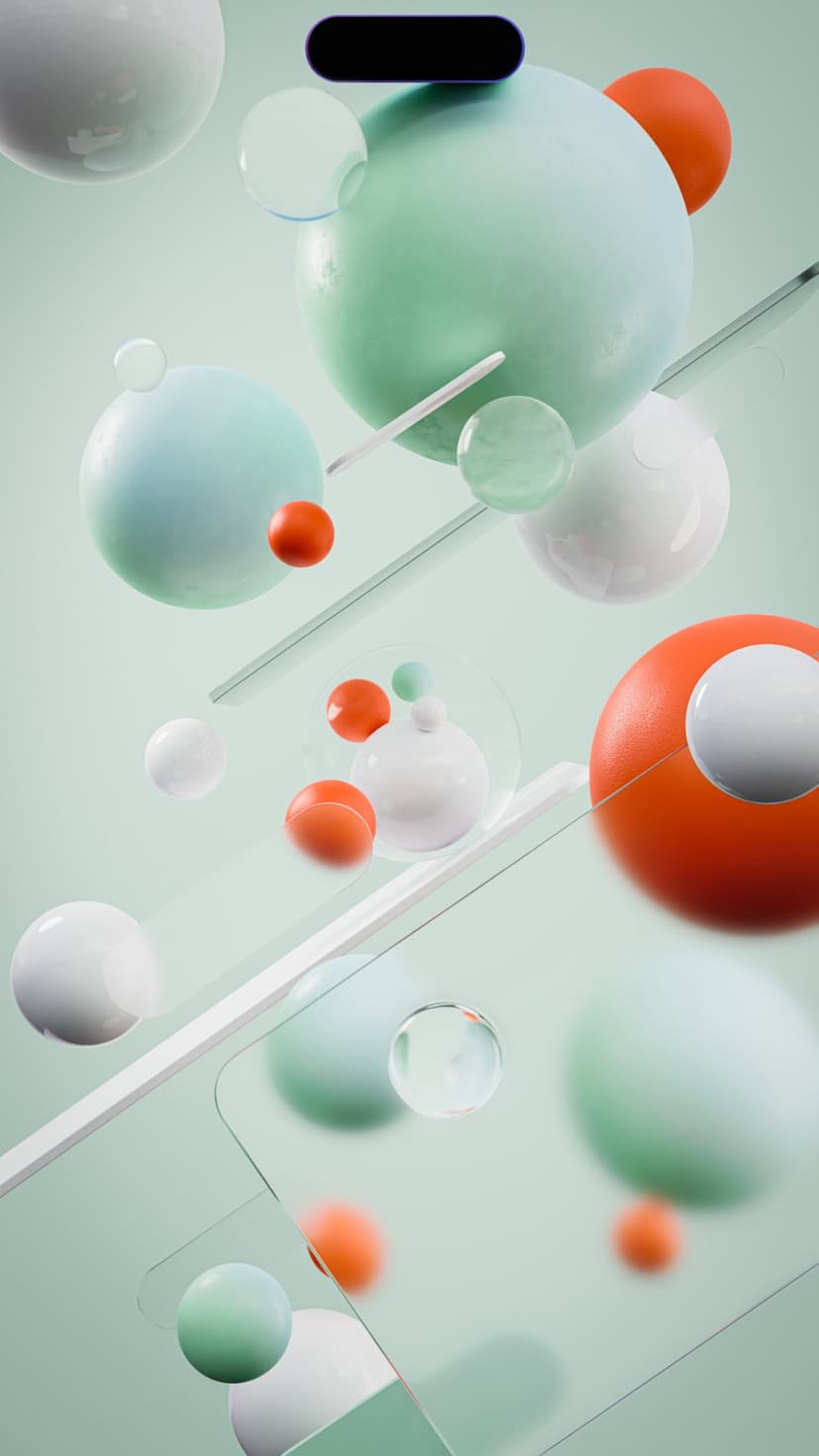 Mint green and orange 3D spheres float among glass planes and white bars over a soft green gradient background.