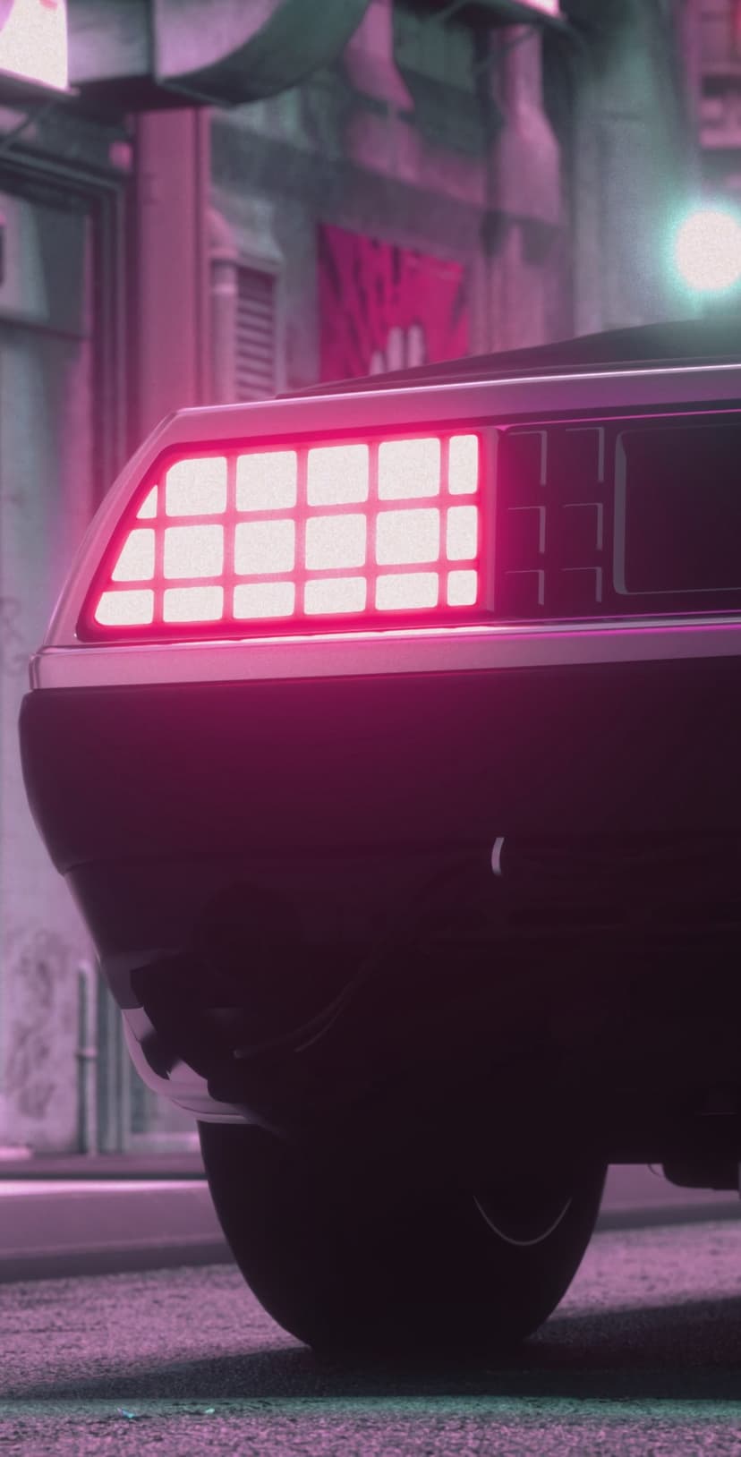 Pink neon grid tail light of a vintage car glows against a dark urban backdrop with subtle teal lighting.