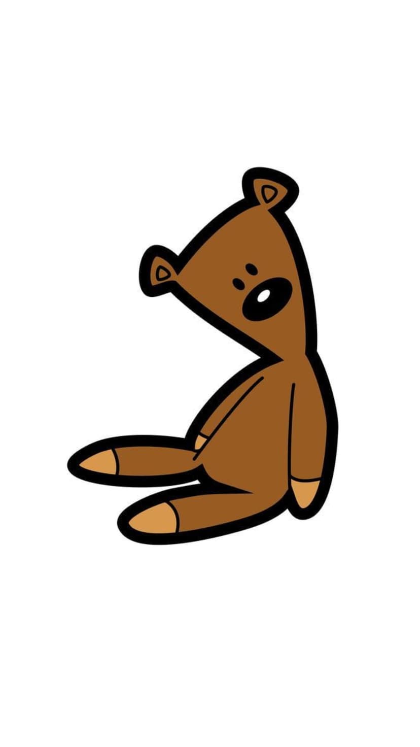 Brown teddy bear with a triangular head and dark eyes sits against a clean white background in a centered pose.