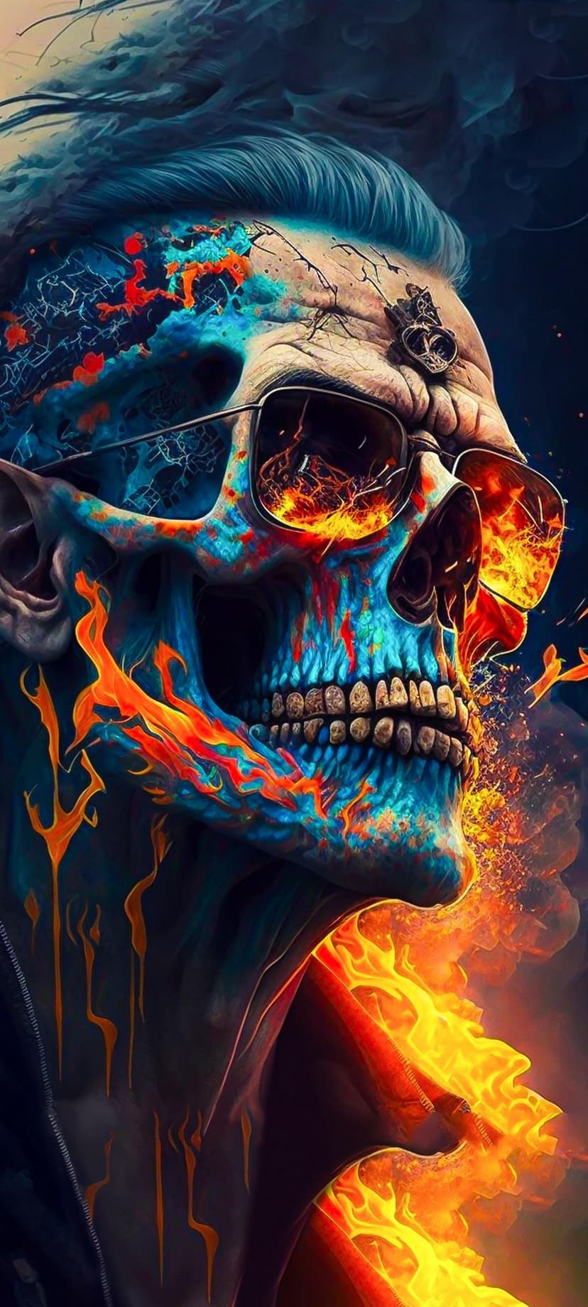 Flaming skull wearing sunglasses with orange fire reflections, glowing blue accents, and rising smoke wisps.