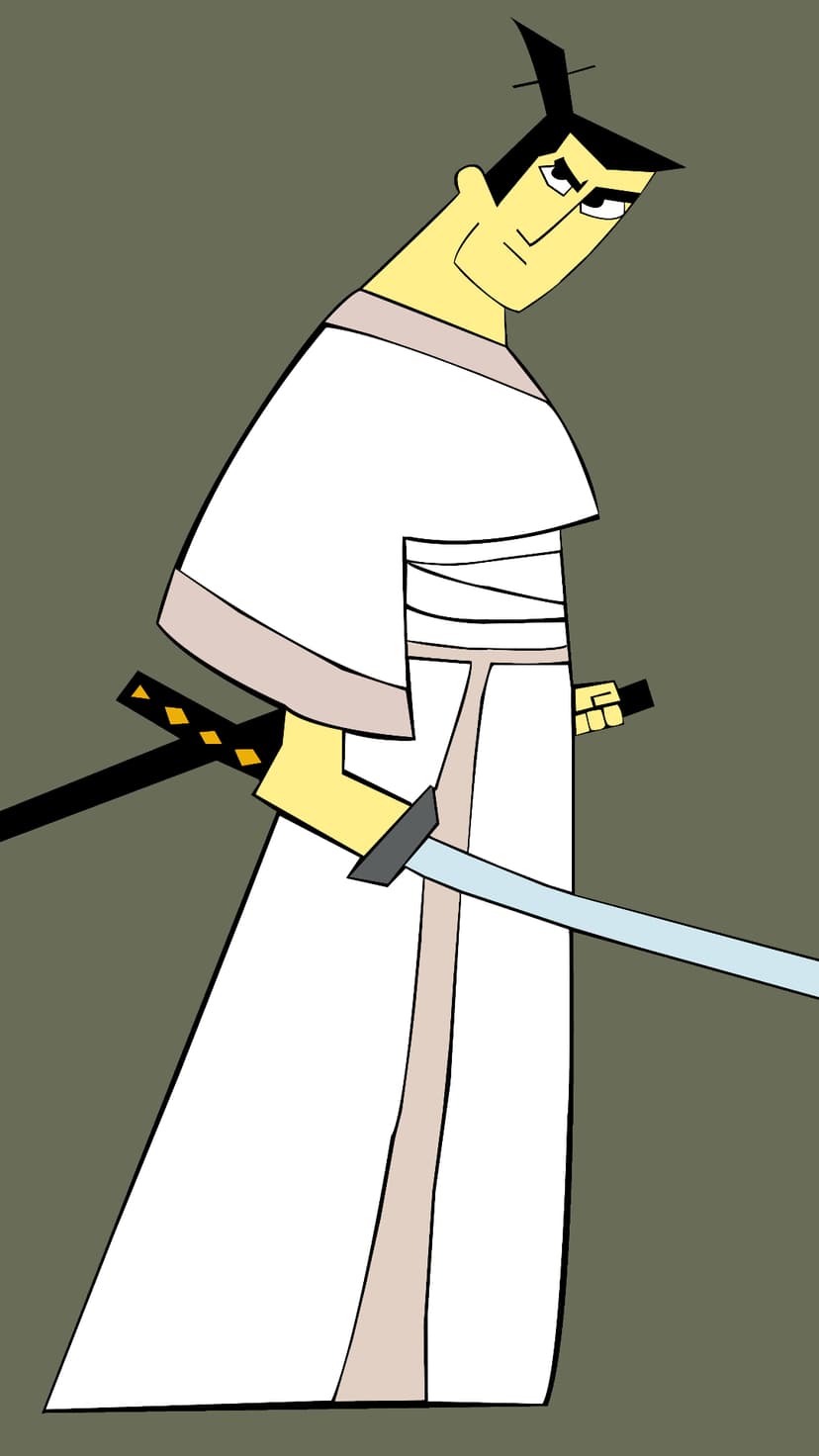 Samurai Jack stands in white robes holding two katanas with a blue glowing blade and a black sheathed sword.