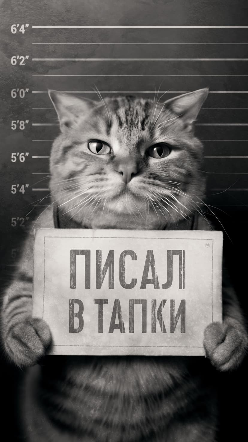 Tabby cat holding a Russian sign with Cyrillic text against a police booking height chart in a mugshot pose.