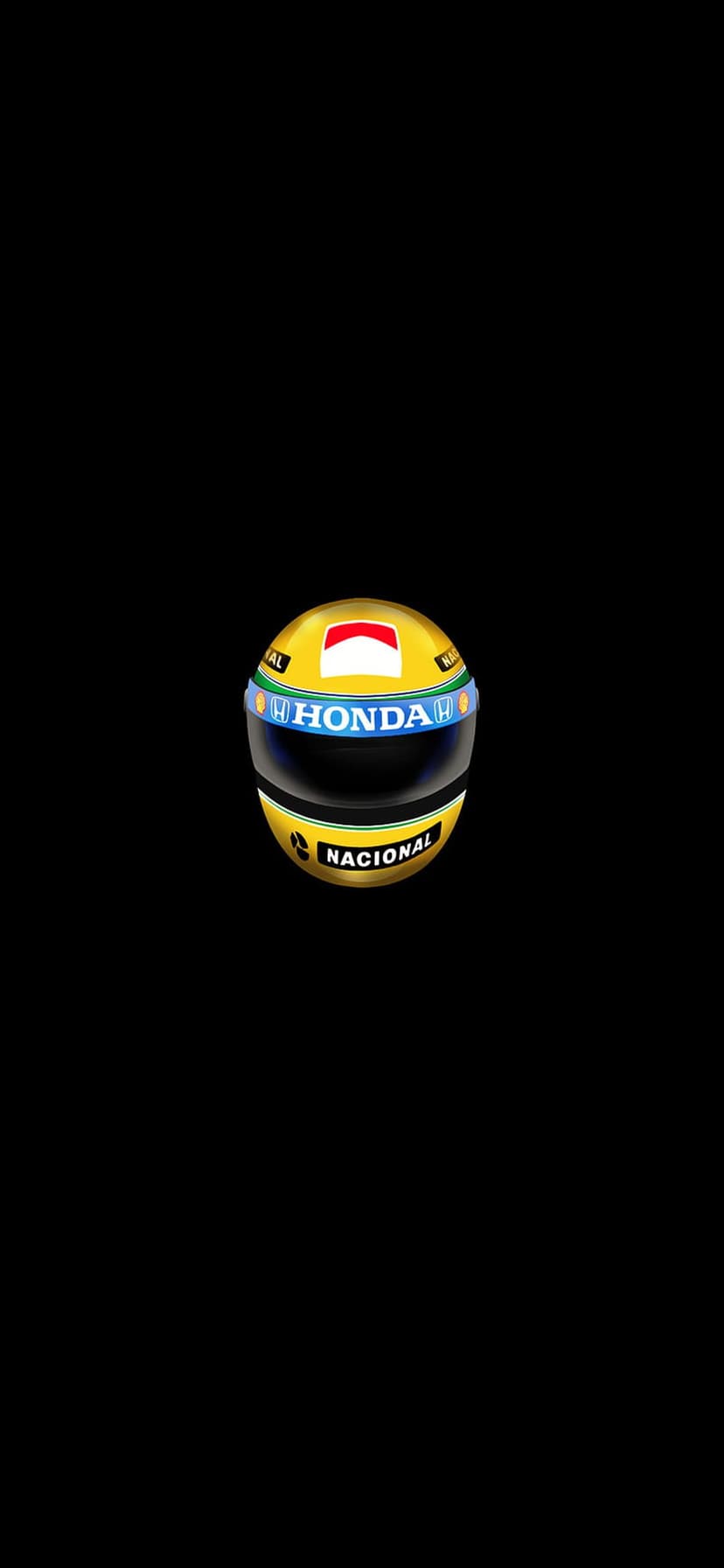 Ayrton Senna yellow racing helmet with Nacional and Honda logos, featuring a red Marlboro crest on top.