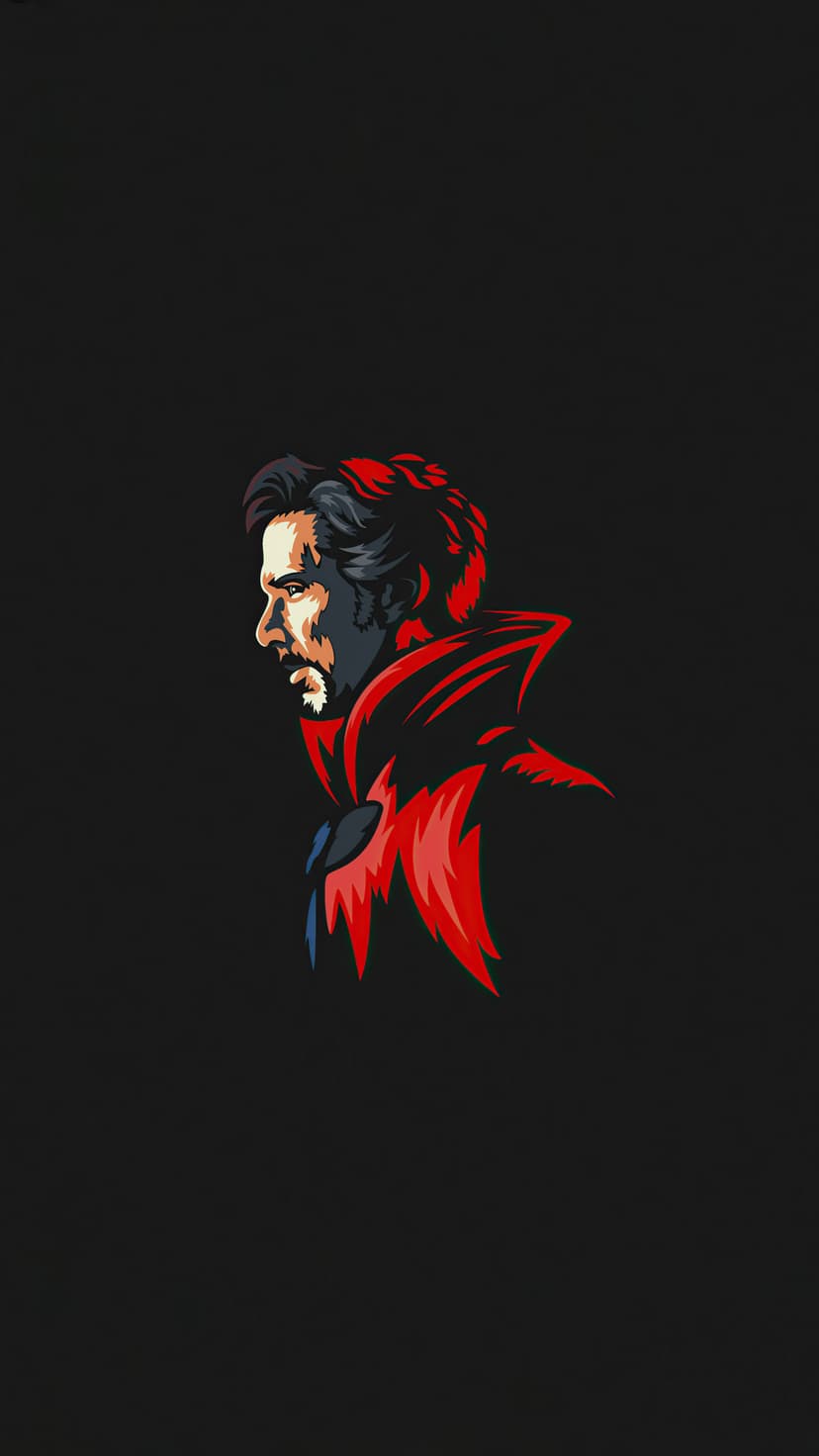 Doctor Strange in profile wearing a high-collar red cloak against a black background with dramatic side lighting.