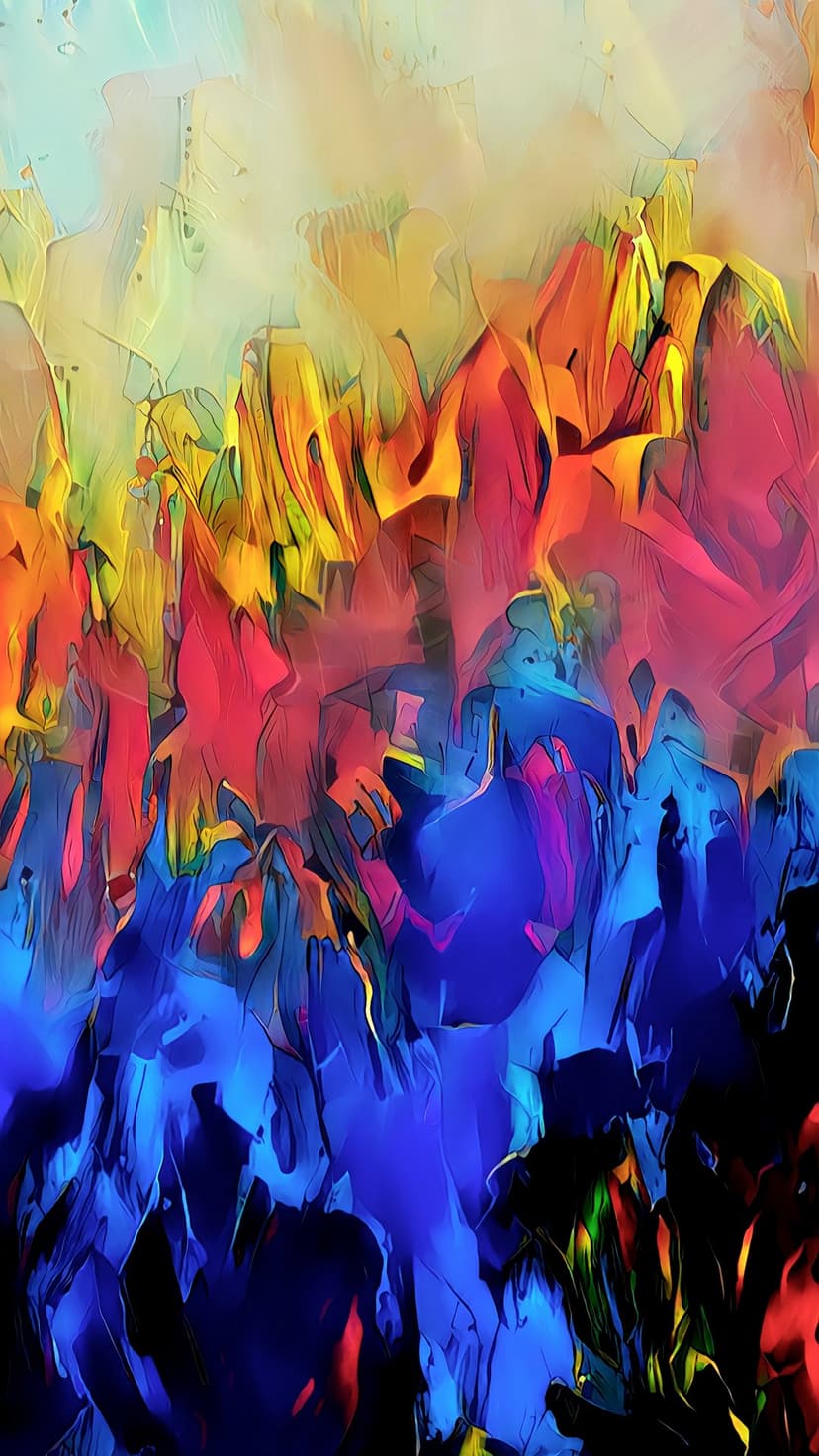 Electric blue and crimson orange fluid swirls intertwine in a high-contrast vertical abstract composition.