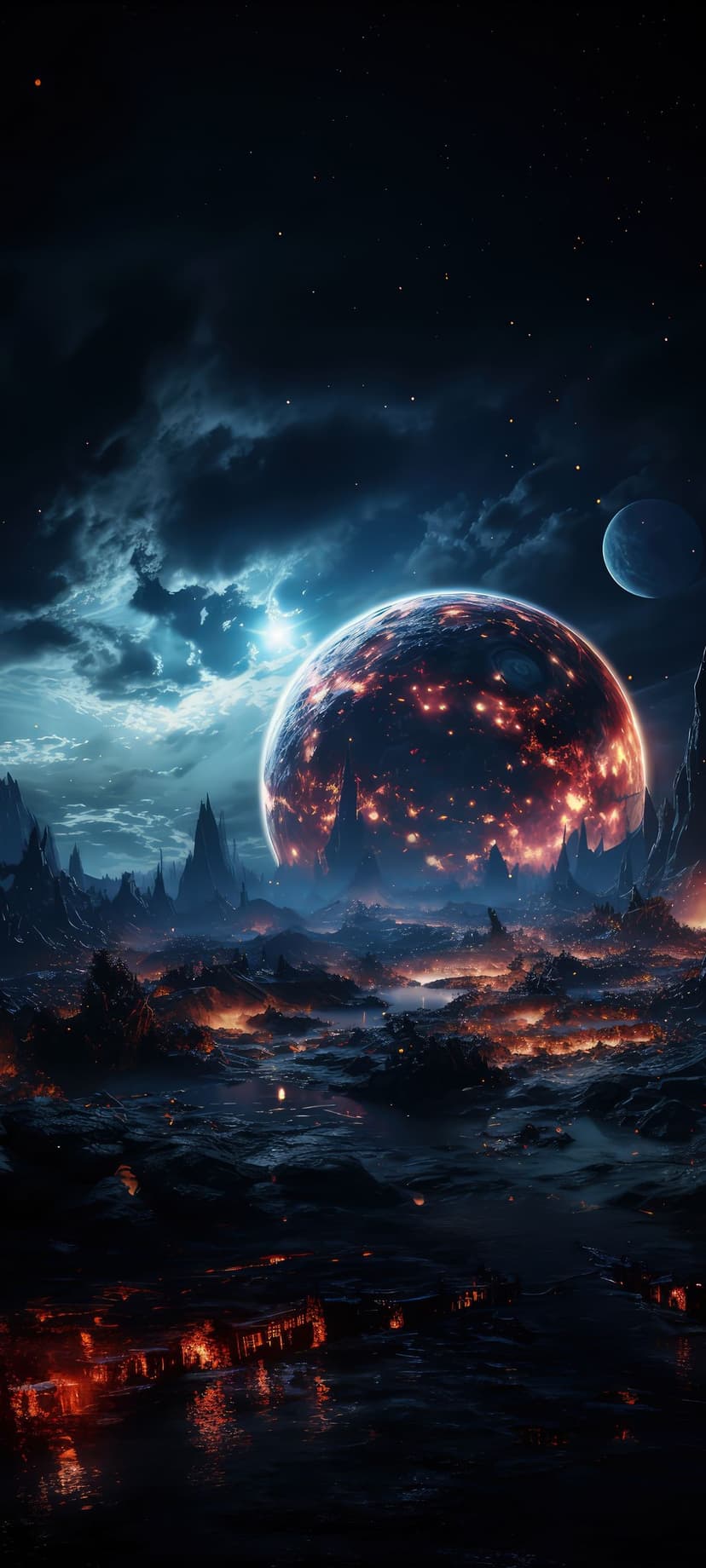 Fiery orange planet and two moons glow above a dark, rocky mountain range under a star-filled cosmic night sky.