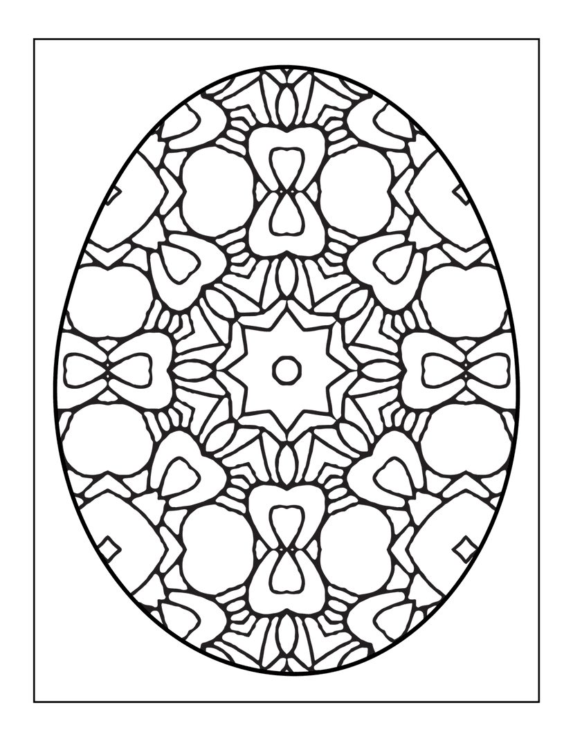 Oval mandala line design features symmetrical geometric patterns and floral curves on a solid black background.
