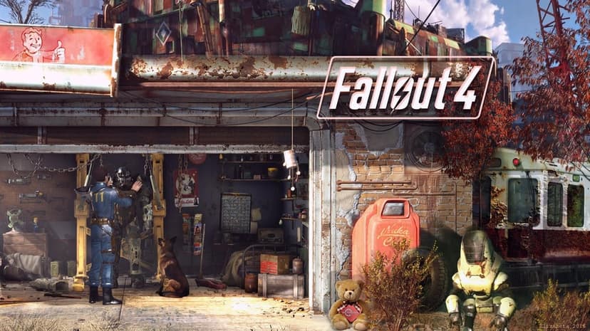 Vault Dweller repairs Power Armor in a rustic garage with Dogmeat and a Nuka-Cola machine in the sunlit background.