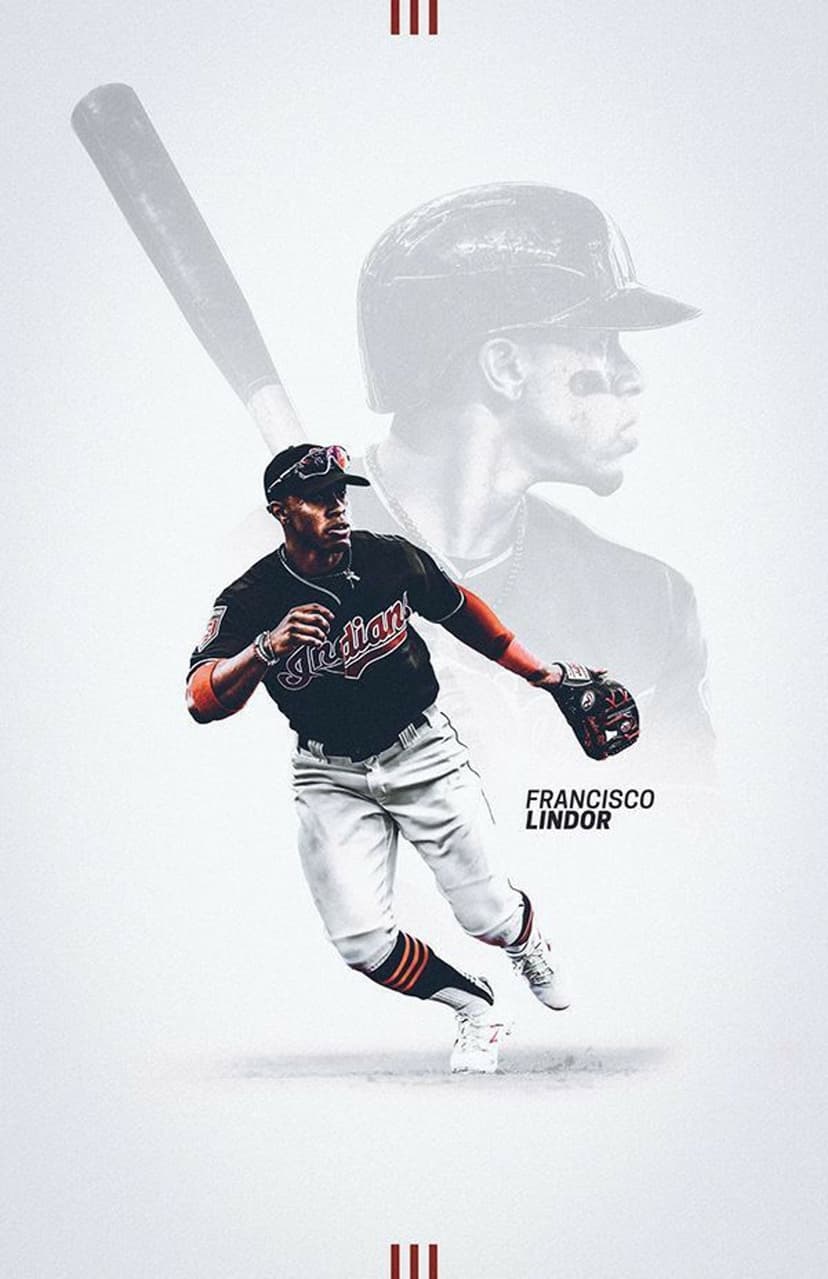 Francisco Lindor sprints mid-stride in a navy Cleveland jersey with a blurred batter silhouette in the background.