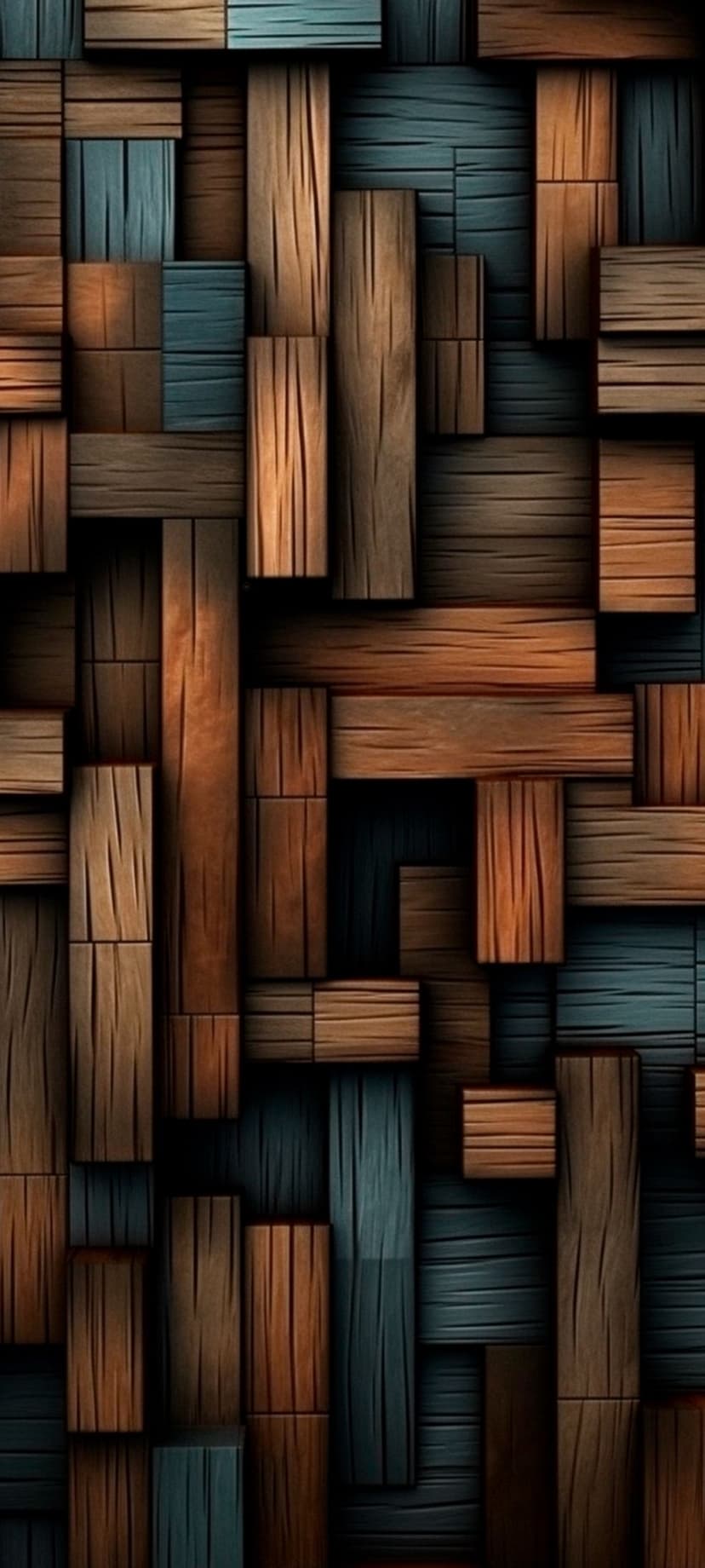 Mosaic of interlocking wood blocks featuring visible grain patterns in contrasting brown and slate blue tones.