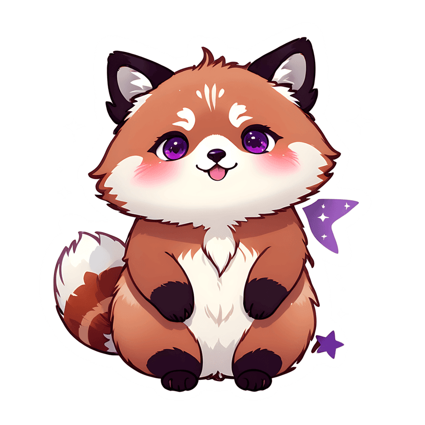 Brown fox sticker with purple eyes and white border features a fluffy chest and star accents on white.