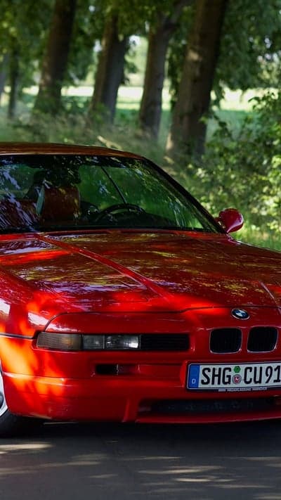 Red BMW 8 Series Coupe Classic Car Forest Drive