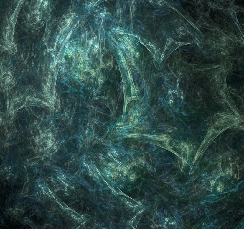 Swirling teal and aqua fractal filaments weave together in a fluid, cosmic pattern with deep blue depth.