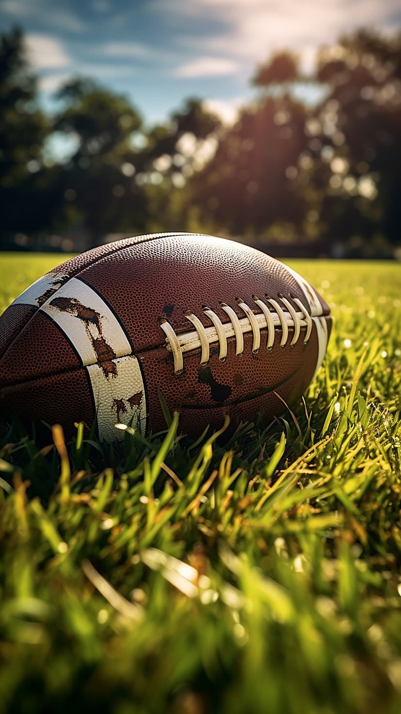 American football with white laces rests on bright green grass under soft sunlight in a vertical close-up.