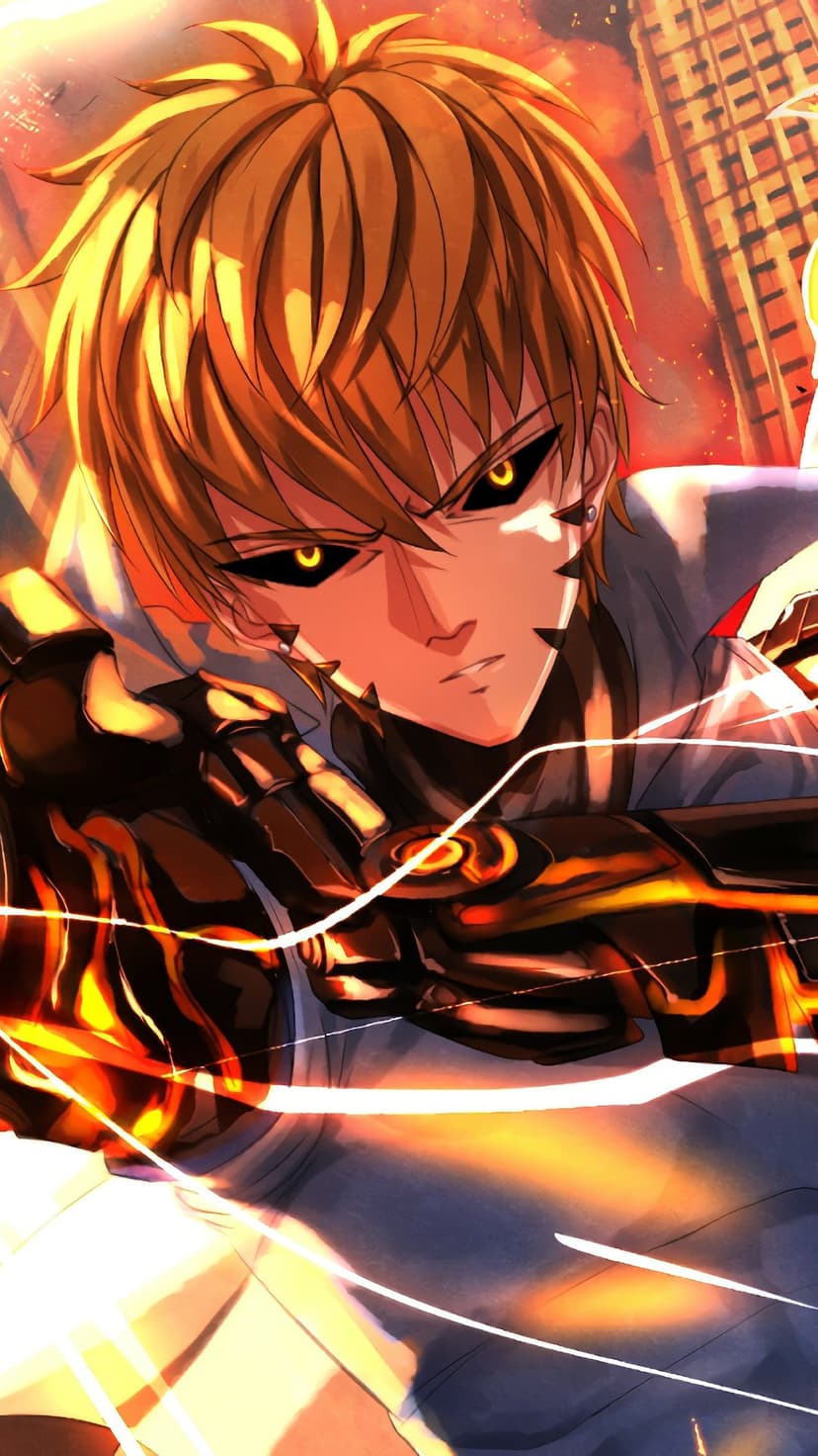 Genos discharges a massive orange energy beam from his robotic hands while his yellow eyes glow intensely.
