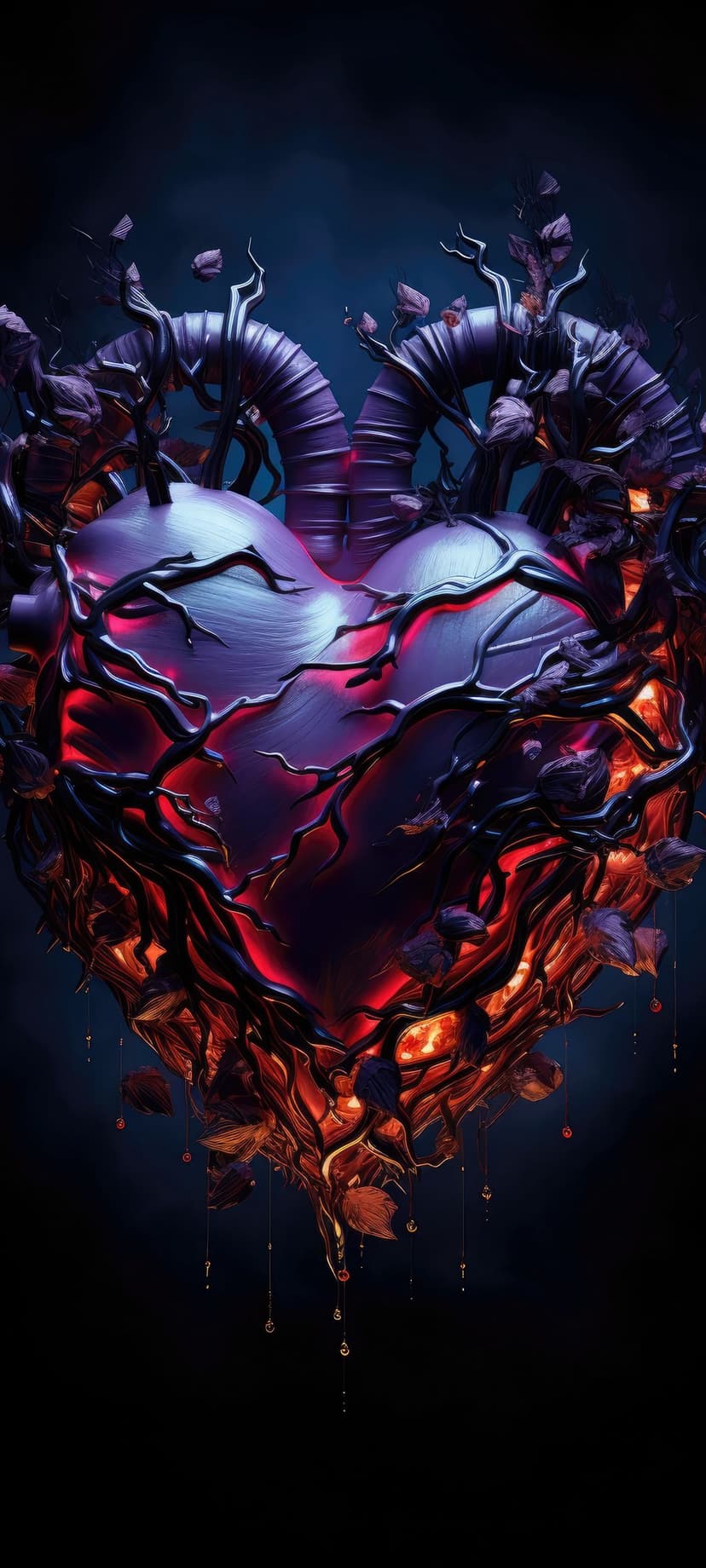Heart glowing with red fire and entwined by sharp black thorny vines against a dark blue rocky background.