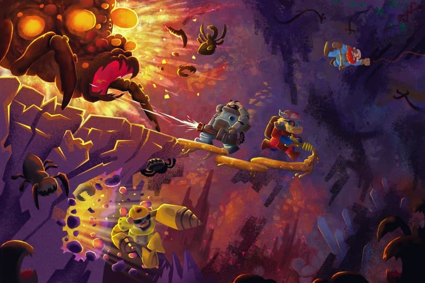Dwarven warriors battle a massive glowing alien insect within a dark, bioluminescent purple cavern landscape.