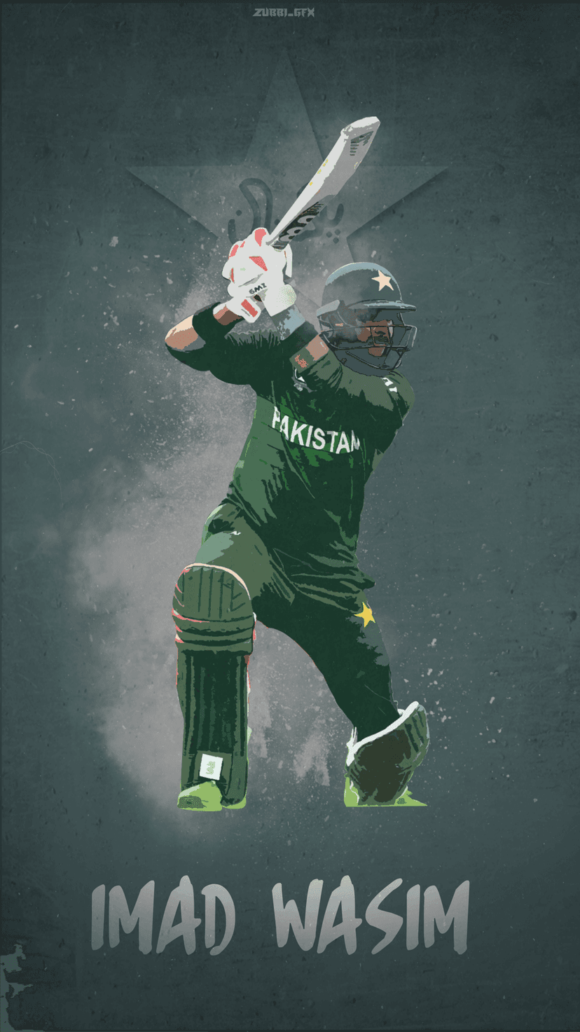 Imad Wasim in a green cricket kit holds a batting pose against a dark grey textured background with a star.