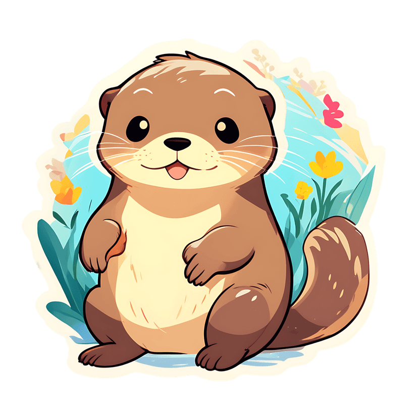 Brown otter sticker with glossy whiskers sits amidst yellow tulips and green leaves on a blue backdrop.