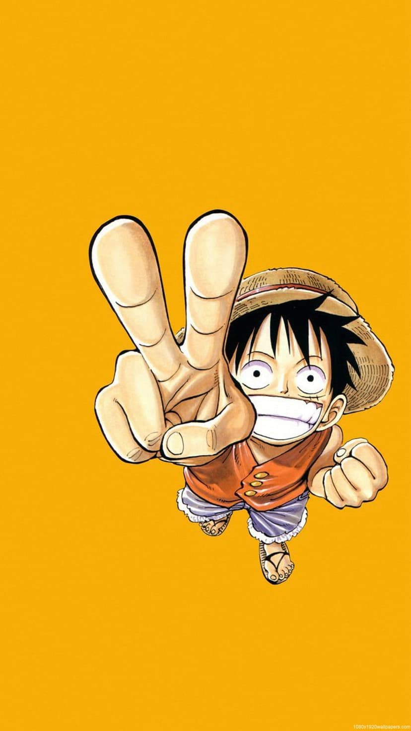 Monkey D. Luffy wearing a straw hat and orange vest makes a peace sign against a solid bright orange background.