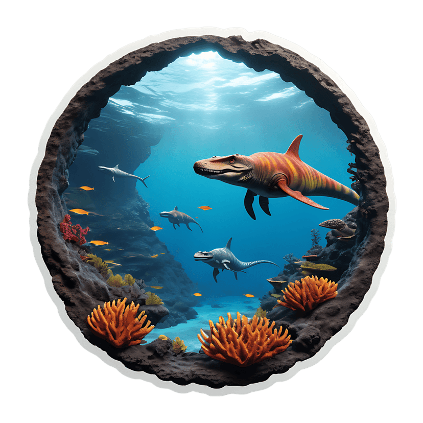 Orange striped marine dinosaur sticker swims through a sunlit blue underwater cave past red coral and fish.