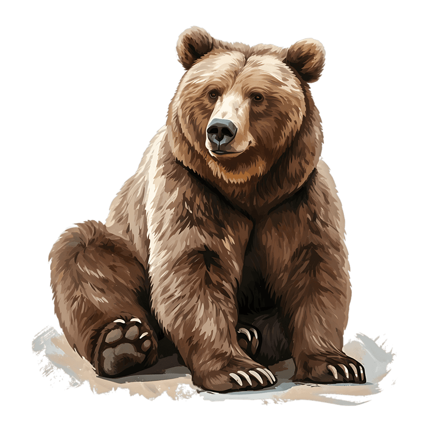 Grizzly bear with brown fur sits on a small patch of snow against a dark minimalist background with claws out.