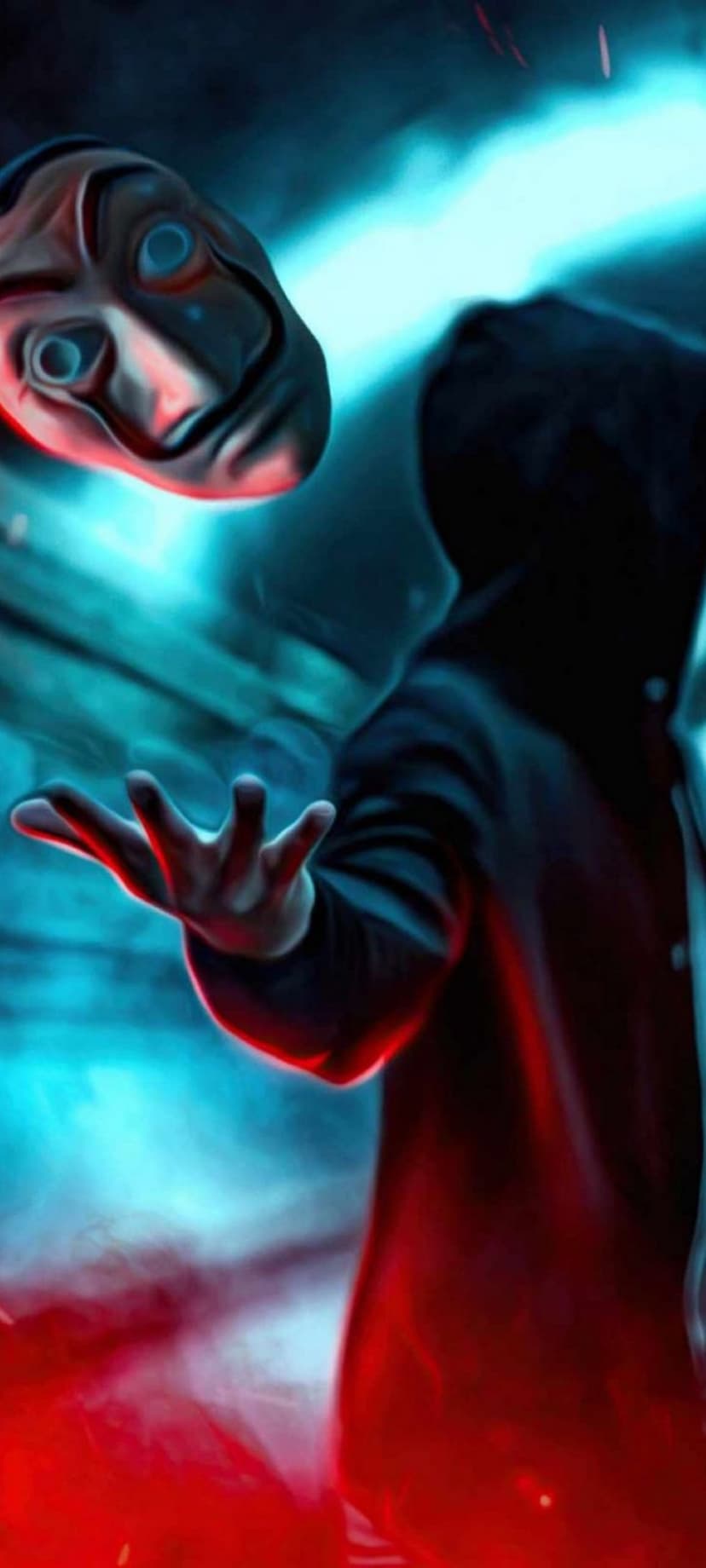 Hooded person reaches toward a floating white mask illuminated by vibrant red and blue neon light energy.