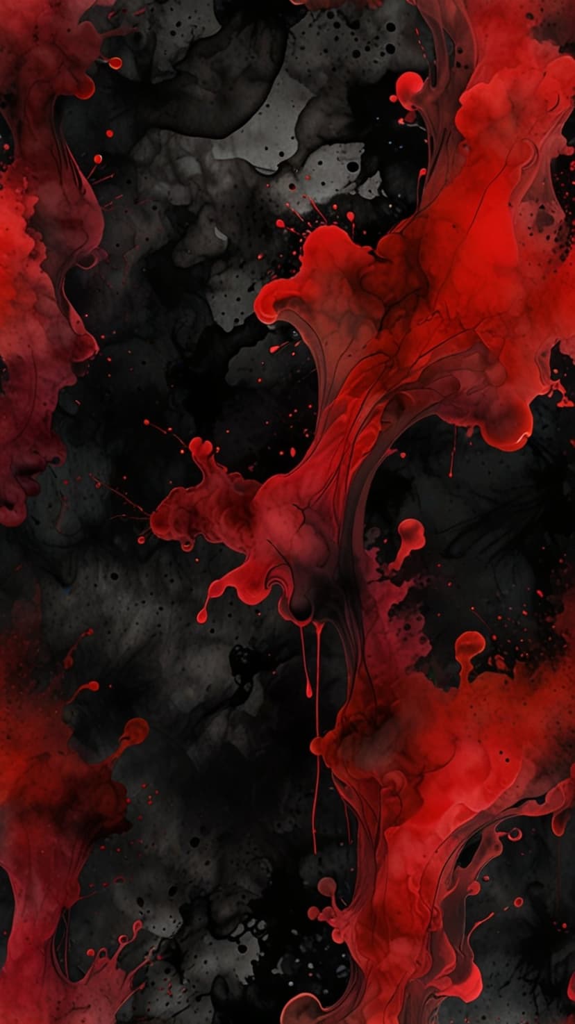 Red ink splashes and fluid liquid drips contrast against a dark charcoal textured vertical background.