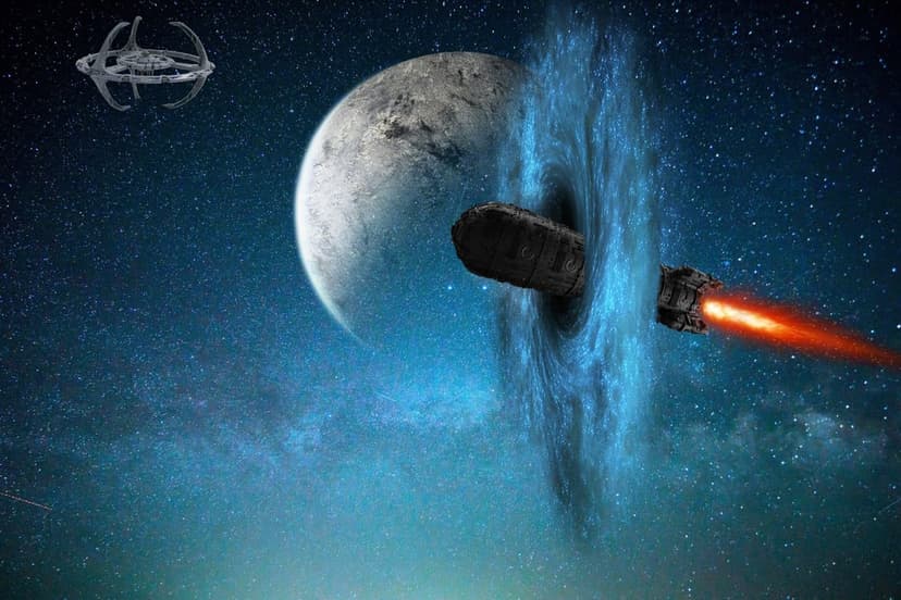 Spaceship with orange engine exhaust enters a blue swirling wormhole near a large cratered moon and space station.