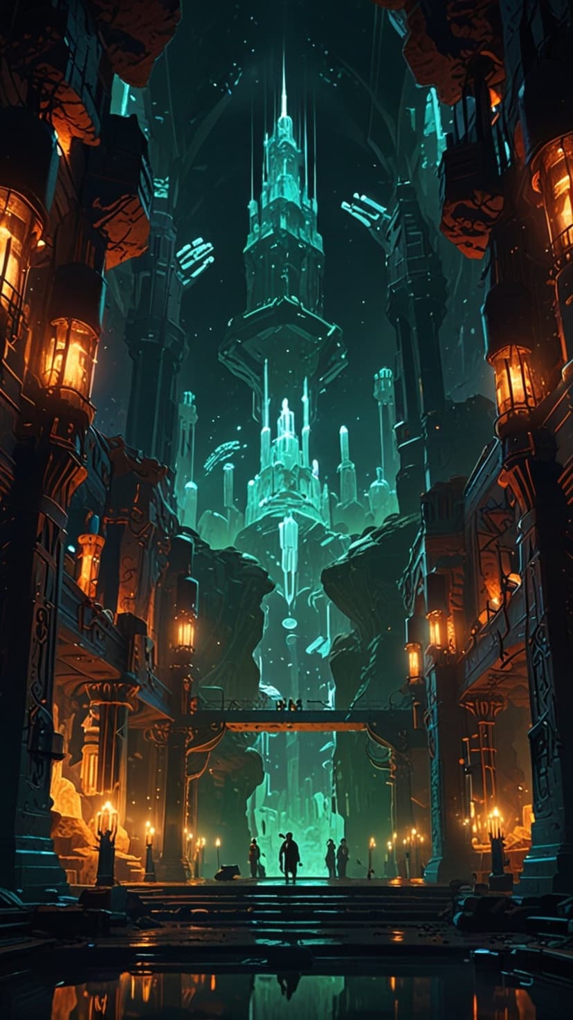 Cyan crystal spires and golden lanterns illuminate a vast futuristic hall under a starry dark night sky.