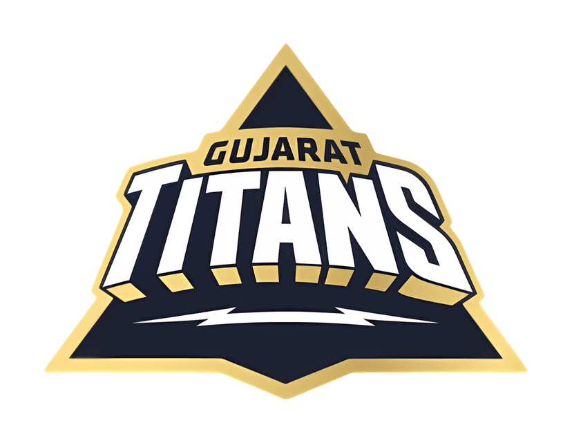 Gujarat Titans logo featuring a navy blue apex shield with a gold lightning bolt and white sans-serif text.