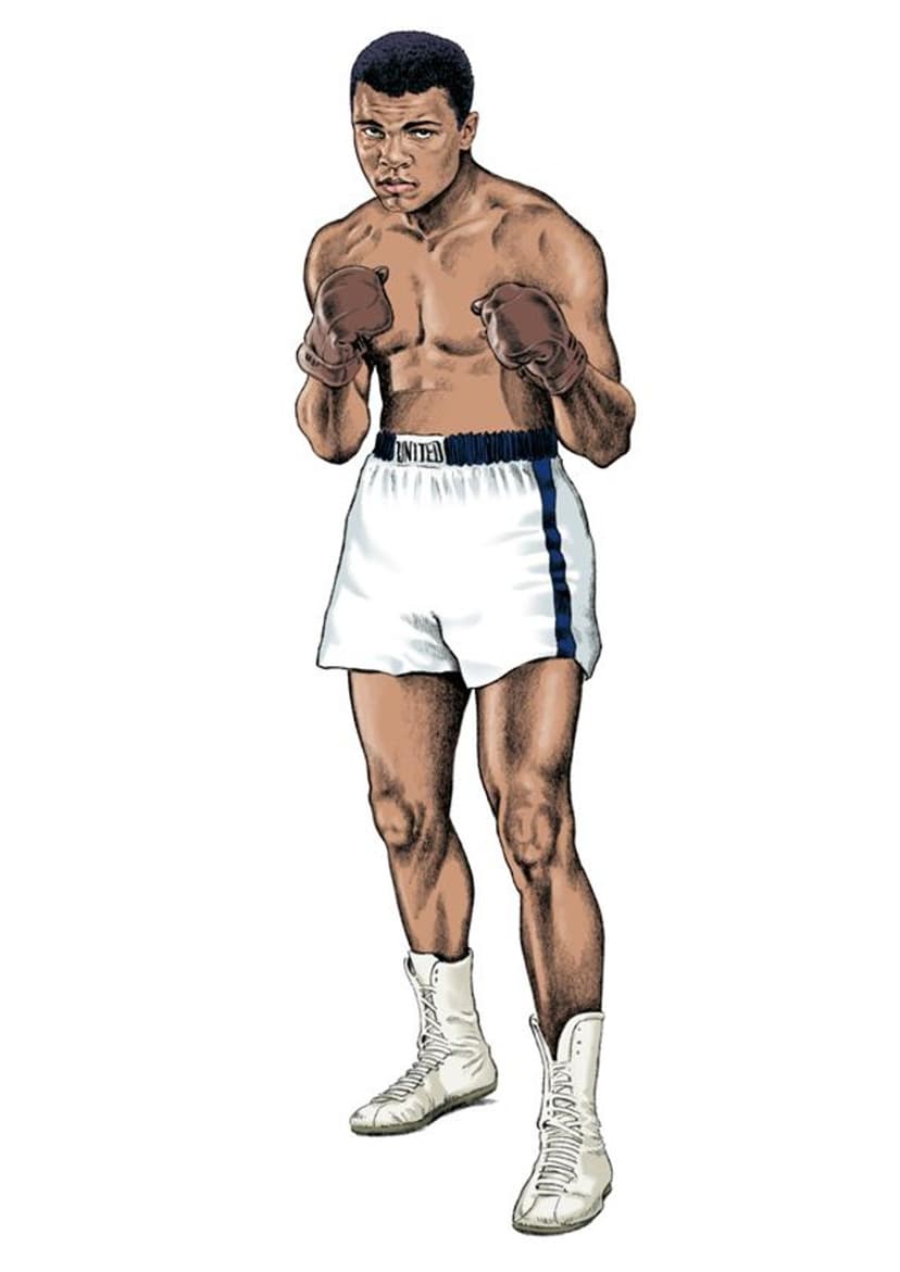 Muhammad Ali stands in a defensive boxing stance wearing white trunks and brown gloves on a white backdrop.